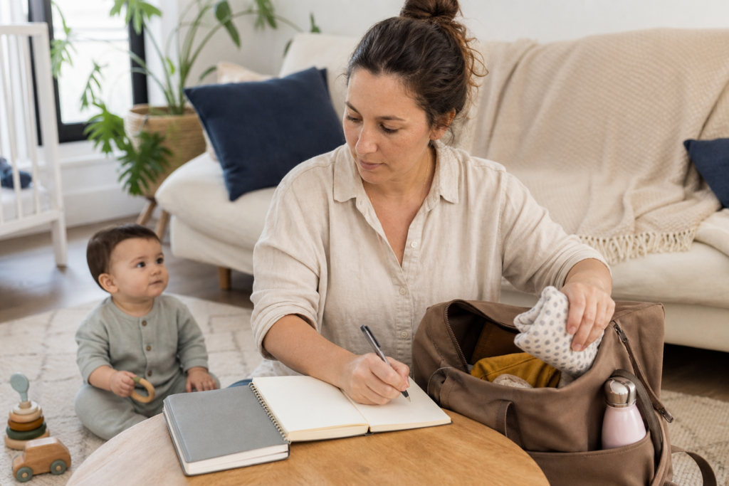 A parent preparing a health record book, notebook and child’s bag before an appointment.