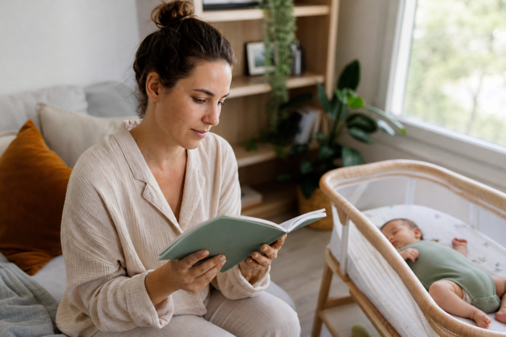 A parent reviewing an infant health record book while their baby rests nearby.