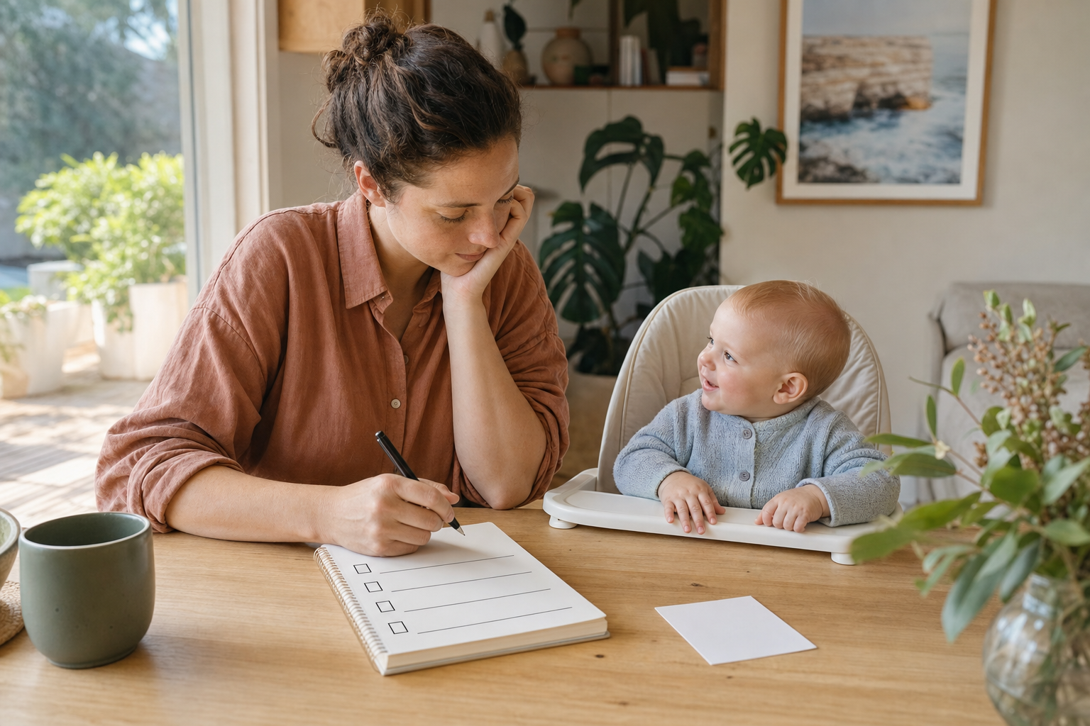 A parent preparing a question list for a child's health appointment while a baby sits safely nearby.