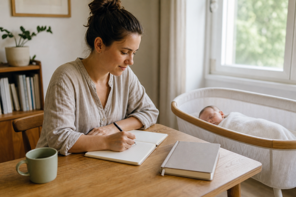 A parent writing simple newborn health notes beside a sleeping baby at home.