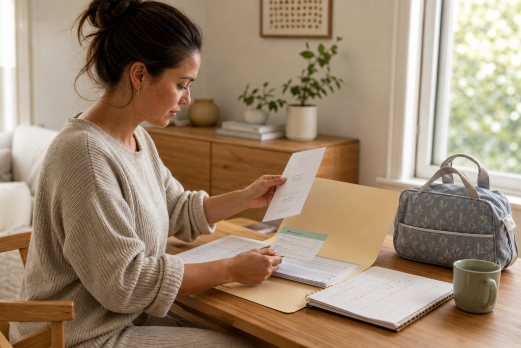 A parent organising appointment notes and follow-up papers in a home filing folder.