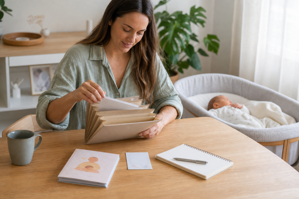 A parent organising a newborn’s health record book, appointment notes and folder before the first visits.