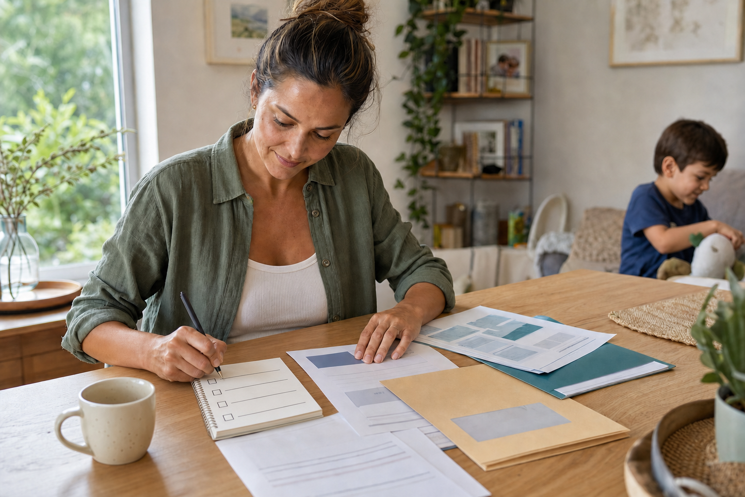 A parent at home organising follow-up paperwork after a child's health appointment while a young child sits nearby.