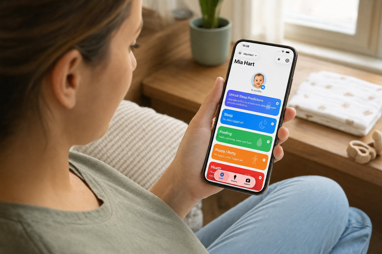A parent viewing the Nucentra home screen for fictional baby Mia Hart in a calm home setting.