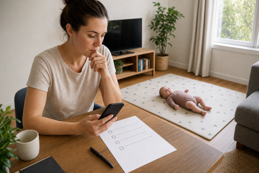 A parent reviewing privacy questions on a phone and notebook while their baby rests nearby.