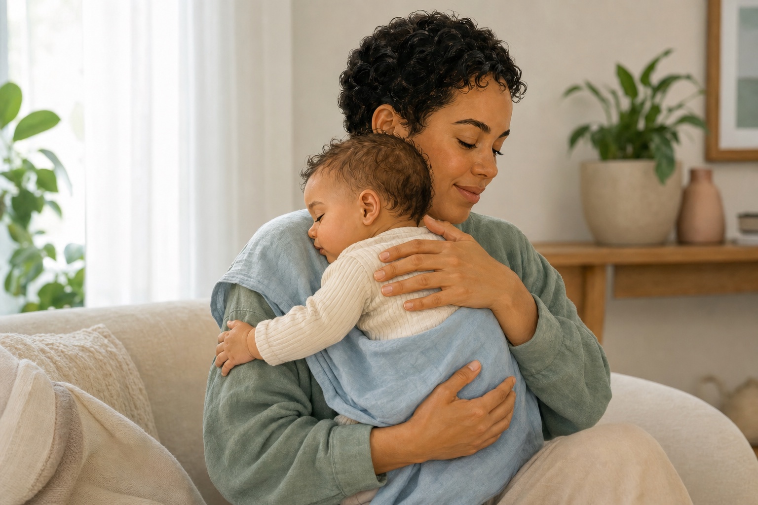 A mother holds a relaxed baby upright against her shoulder in a softly lit room.