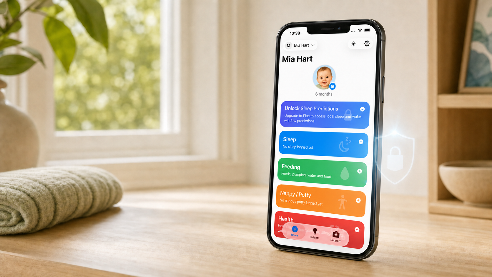 A Nucentra app home screen for fictional baby Mia Hart, aged six months, shown on a phone in a calm home setting.