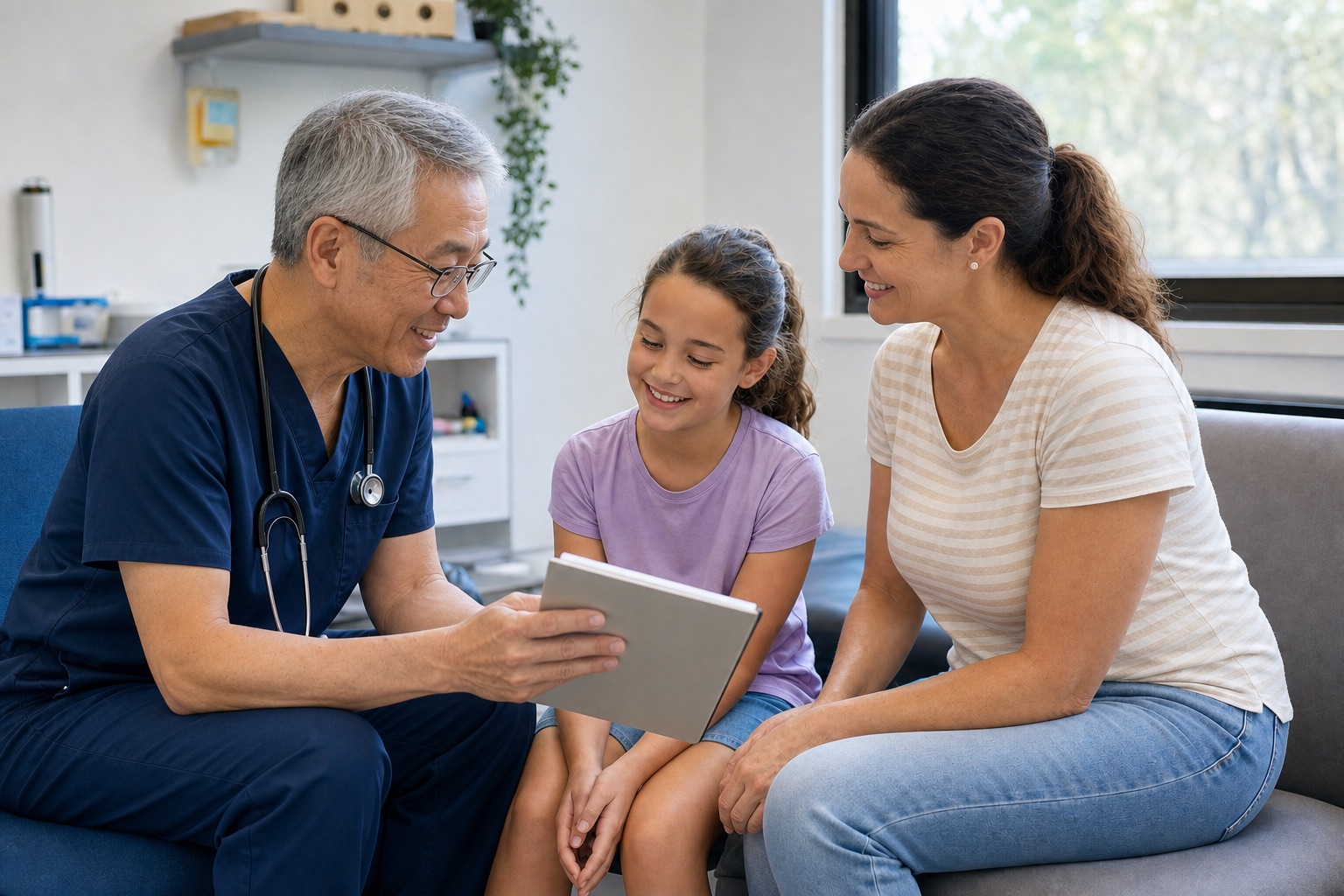 Clinician talks with a parent and child at a family health visit