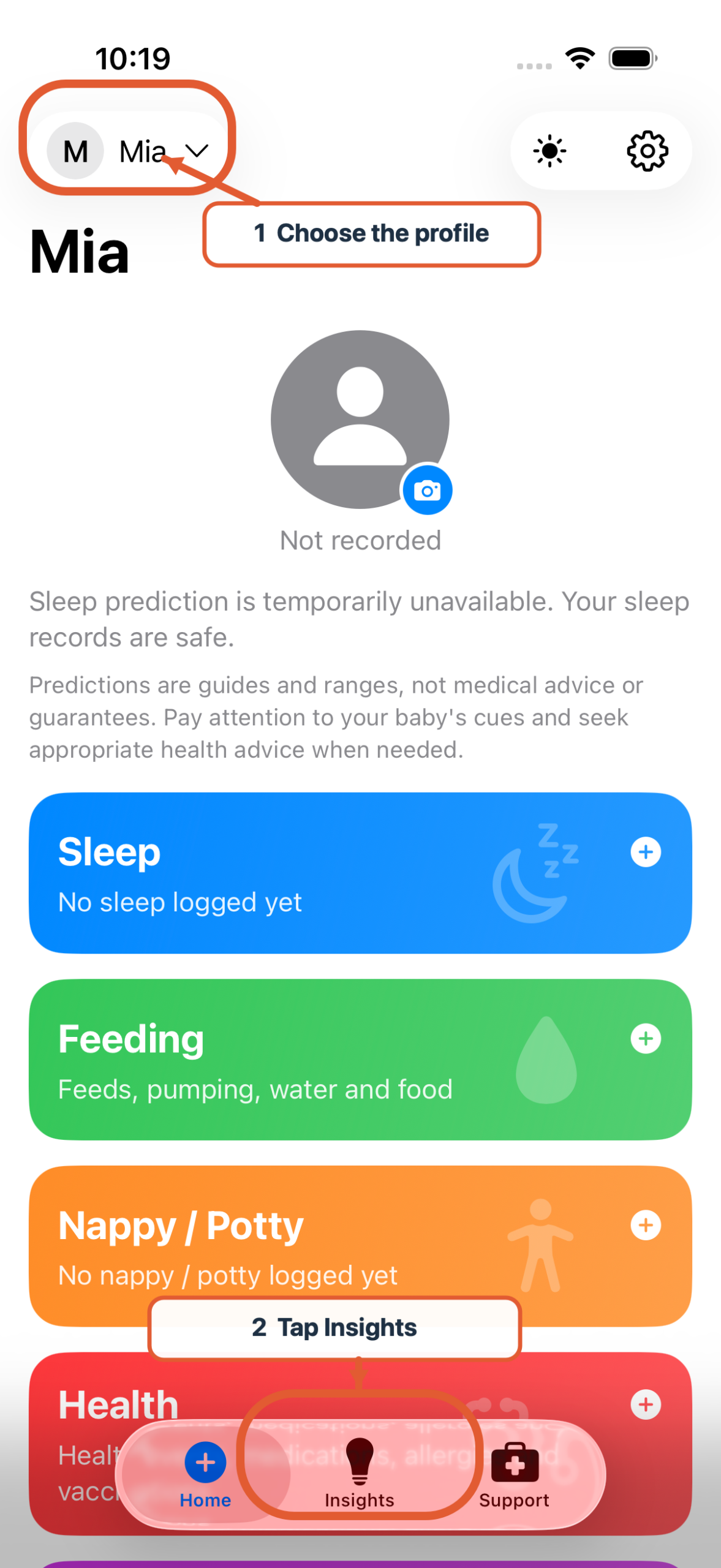 Nucentra home screen showing the selected profile control and the Insights tab highlighted