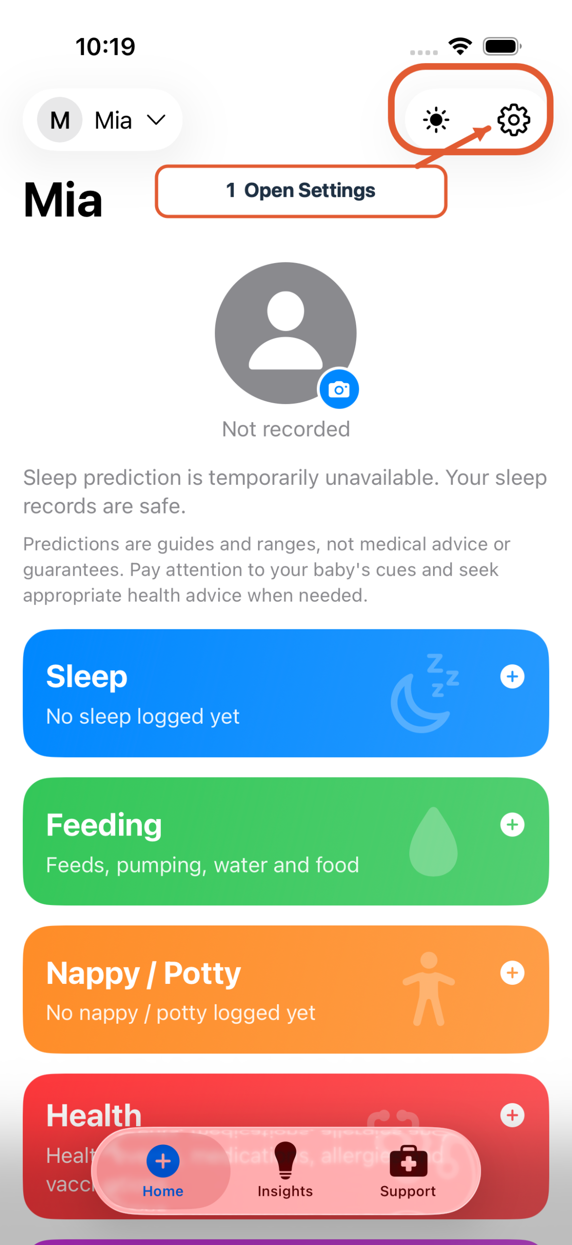 Nucentra home screen with the Settings gear highlighted