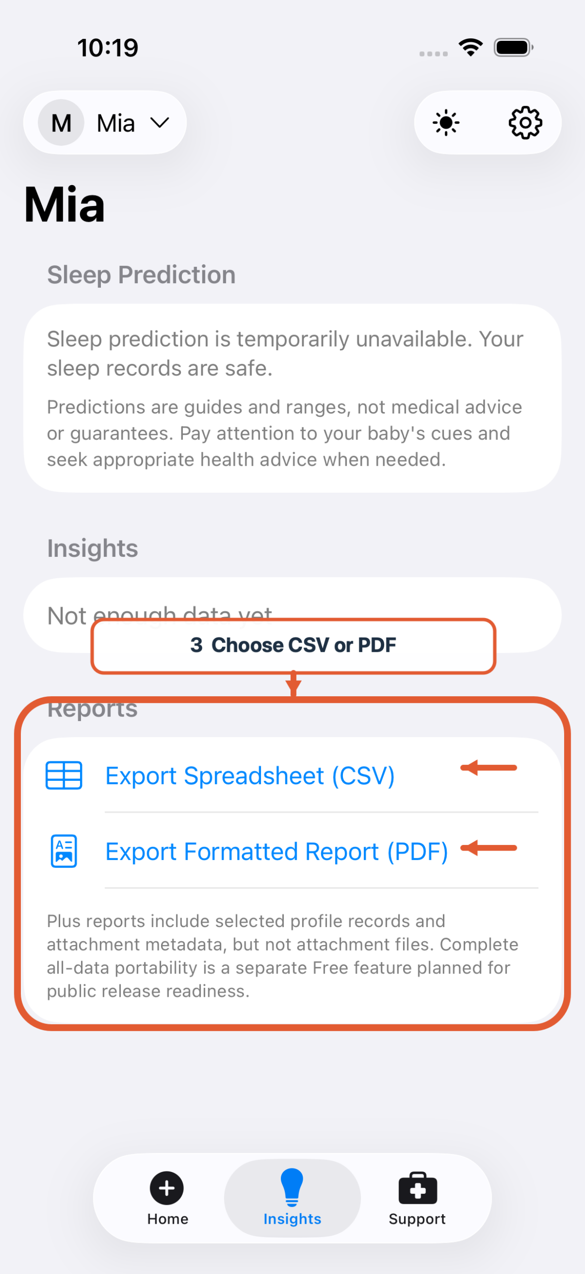 Nucentra Insights screen showing Export Spreadsheet CSV and Export Formatted Report PDF