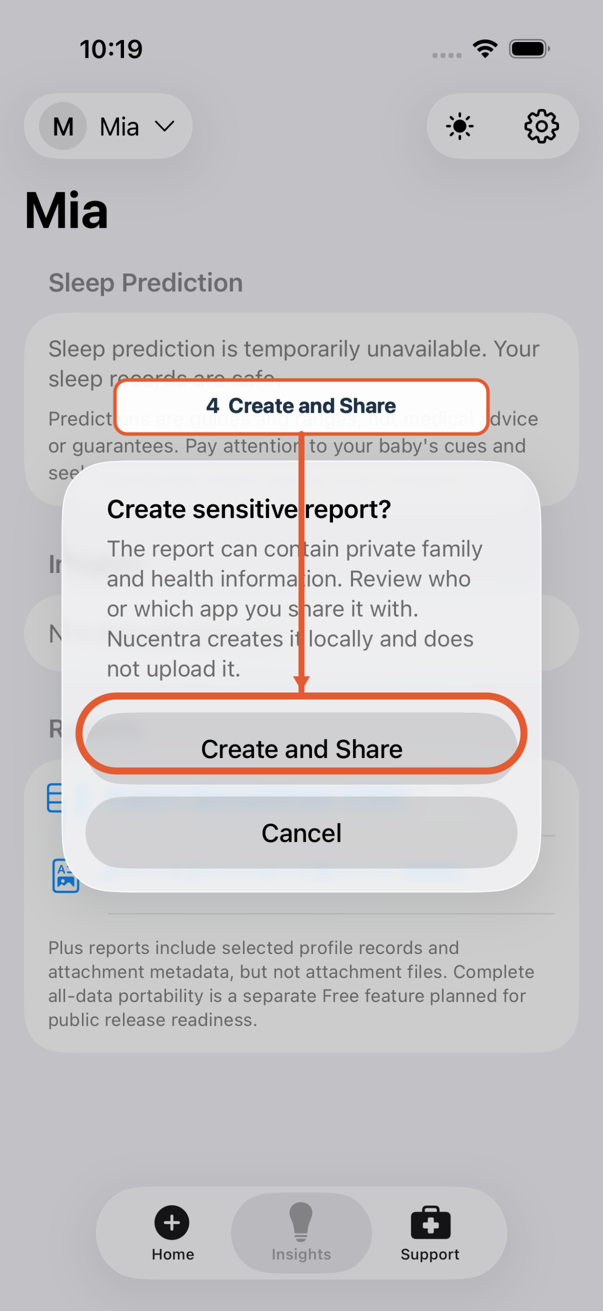 Sensitive-report warning explaining that a report may contain private family and health information, with Create and Share highlighted