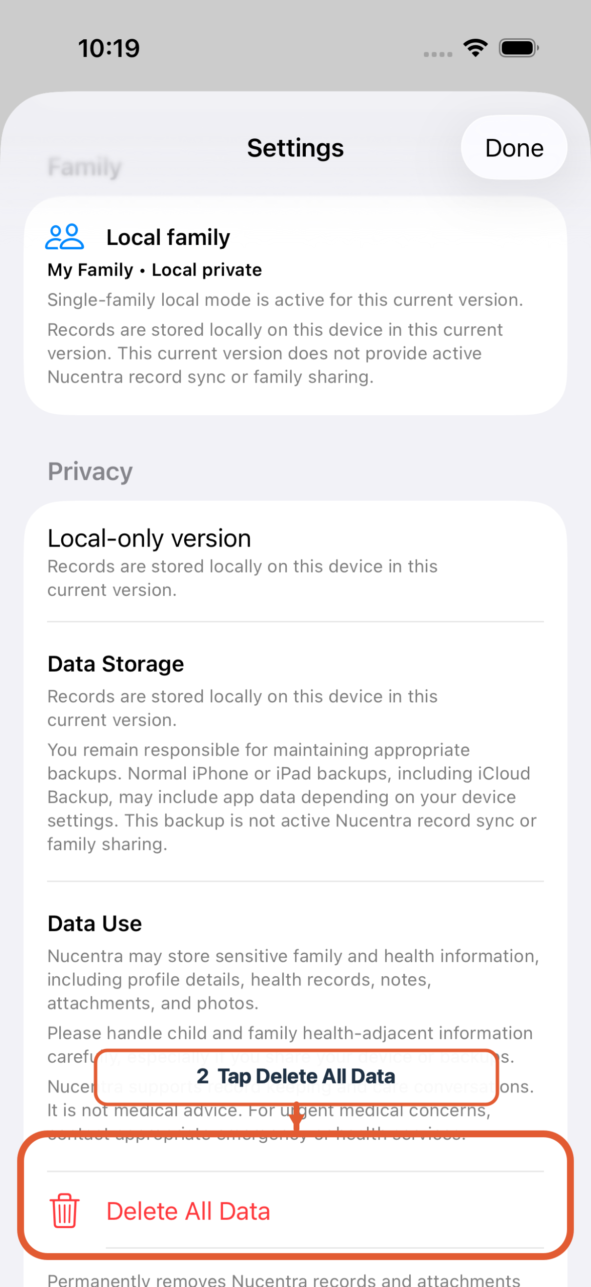 Nucentra Settings screen with the Delete All Data control highlighted