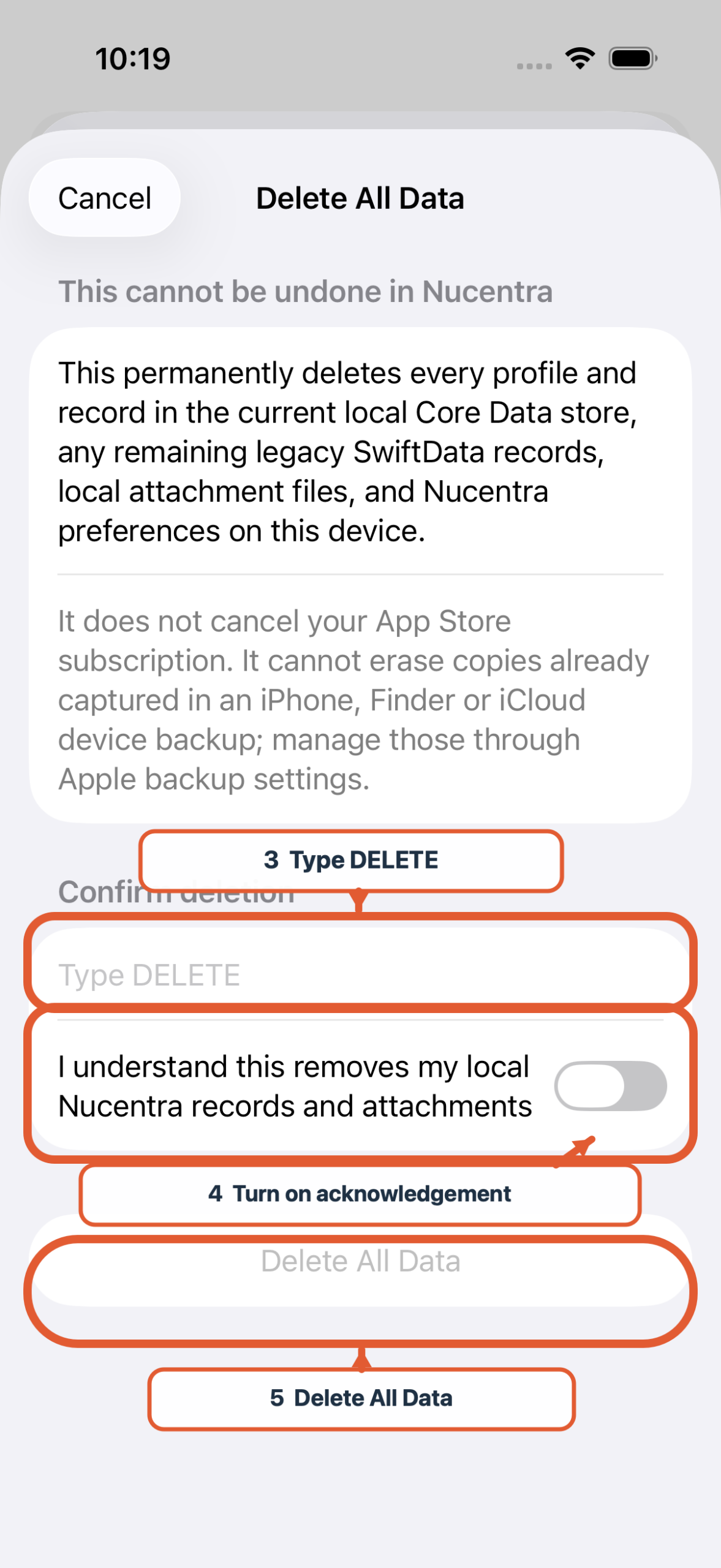 Delete All Data confirmation screen showing the DELETE text field, acknowledgement switch and final Delete All Data button