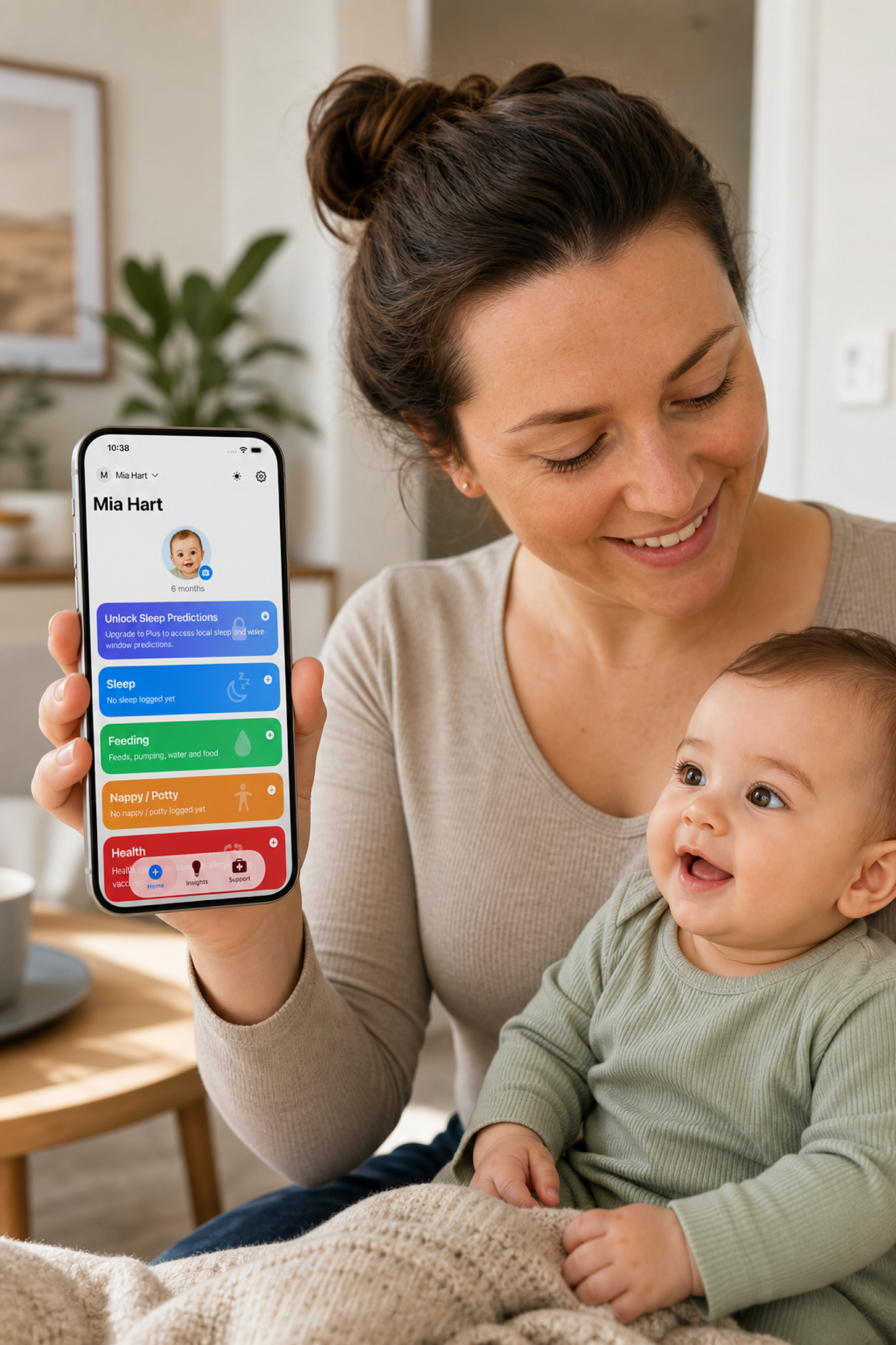 The Nucentra home screen showing daily record cards for a fictional child profile.