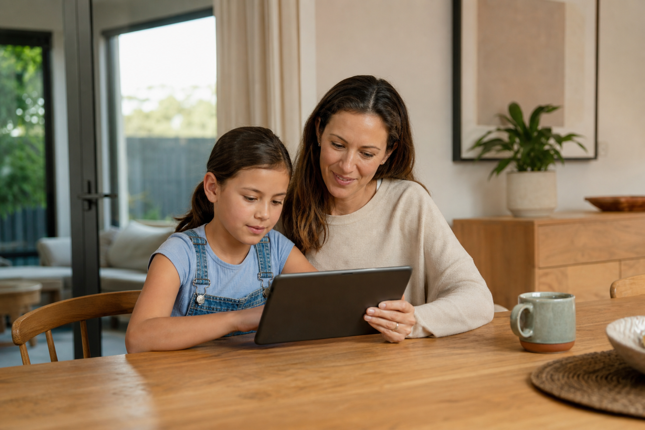 A parent and child using a tablet together at home.