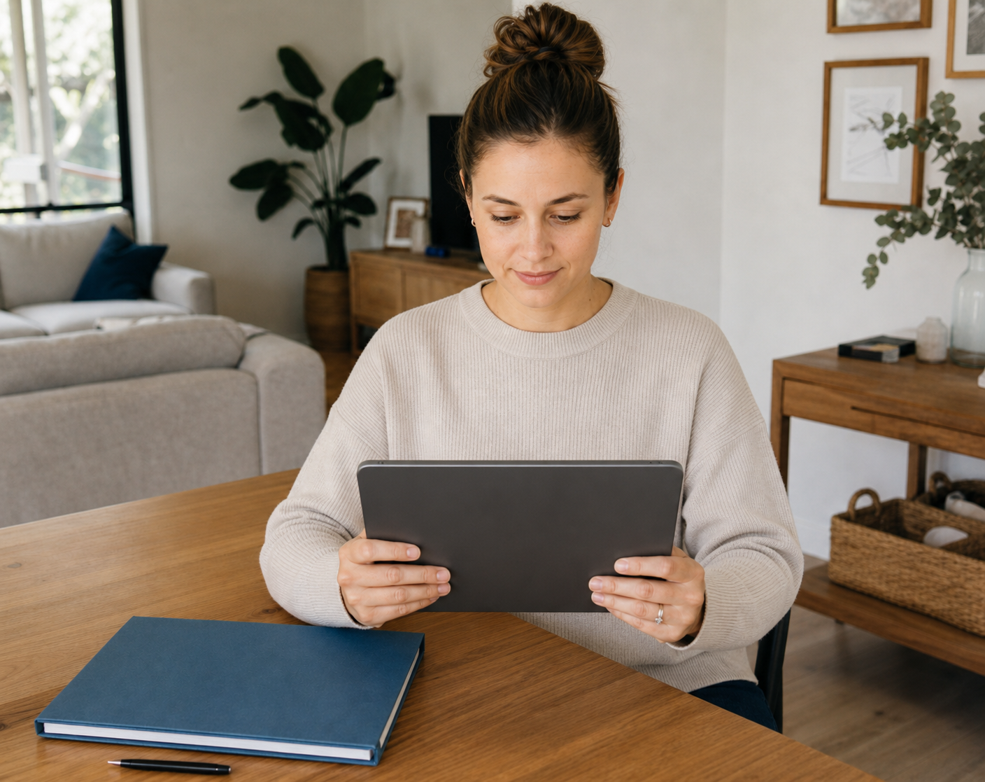 A parent holding a tablet with its plain back facing the viewer at a home table.
