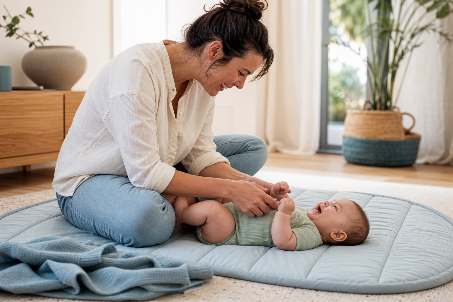 Parent playing gently with a baby at home