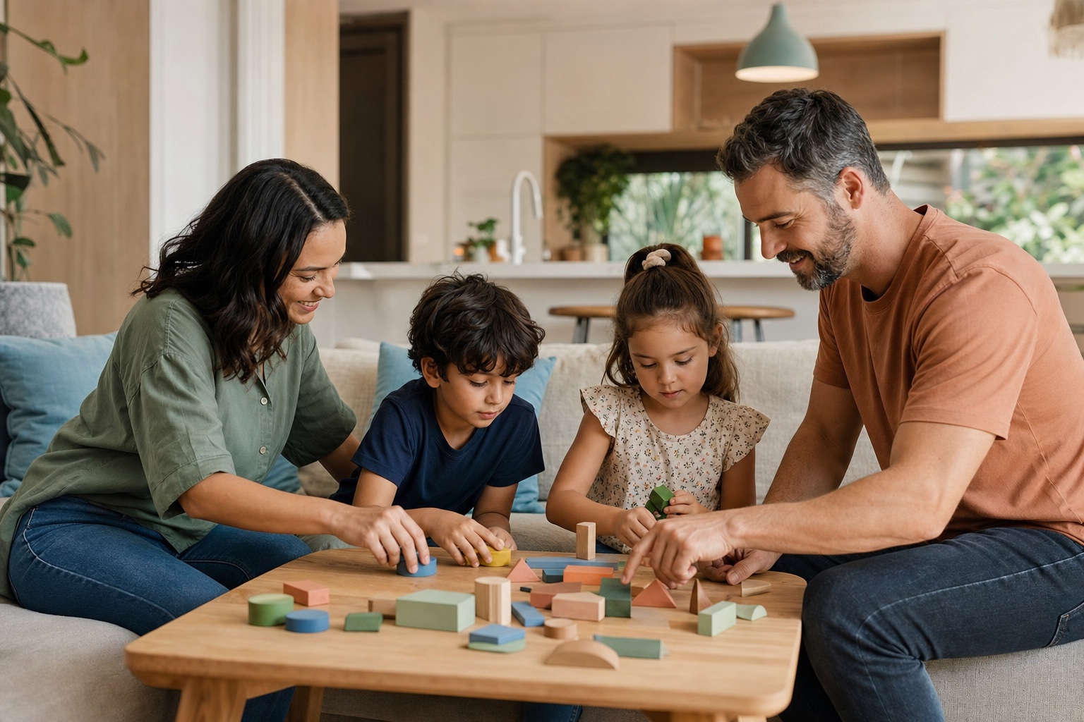 Family working together on a simple activity at home