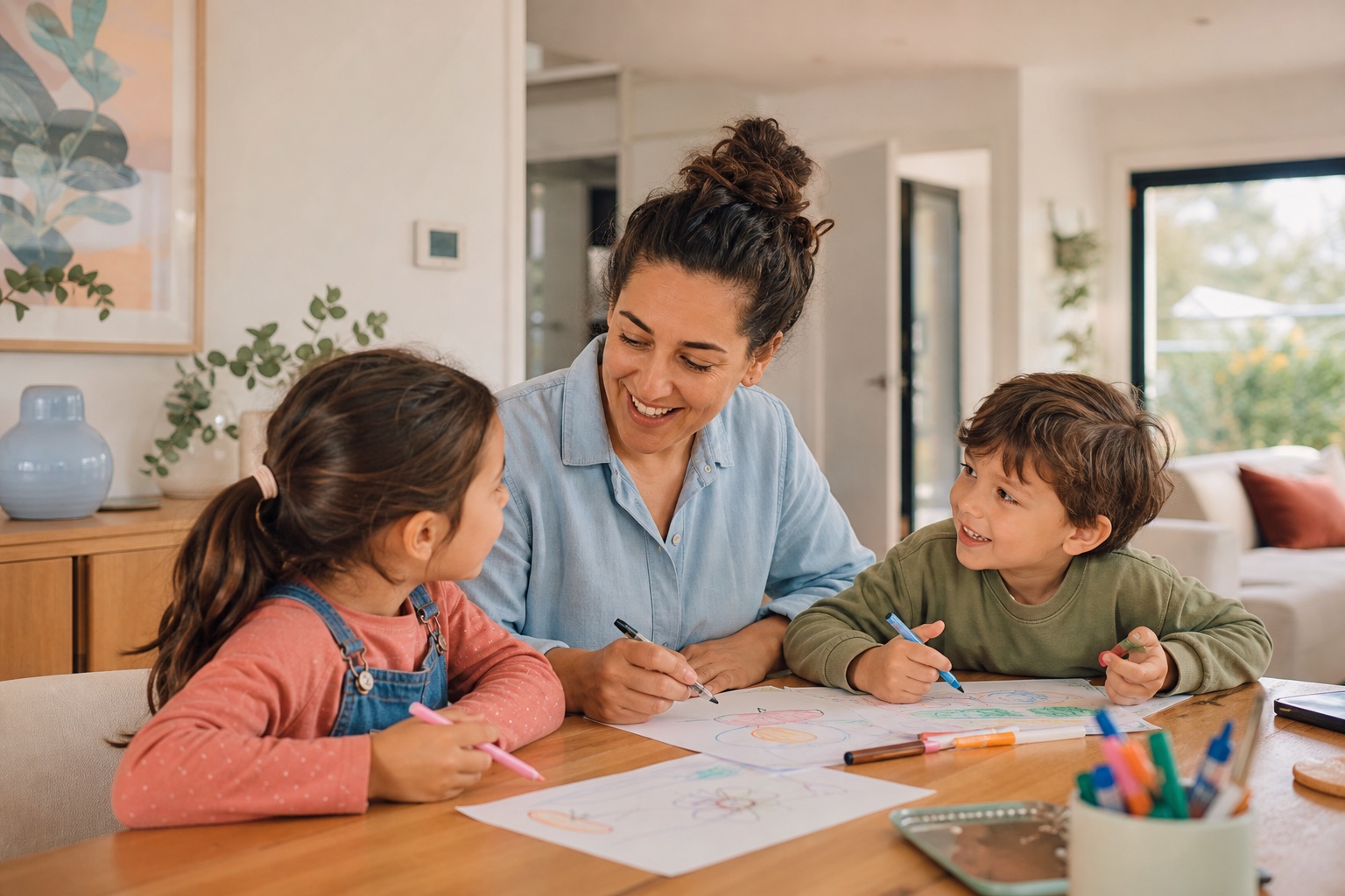 Parent and two children drawing together at home