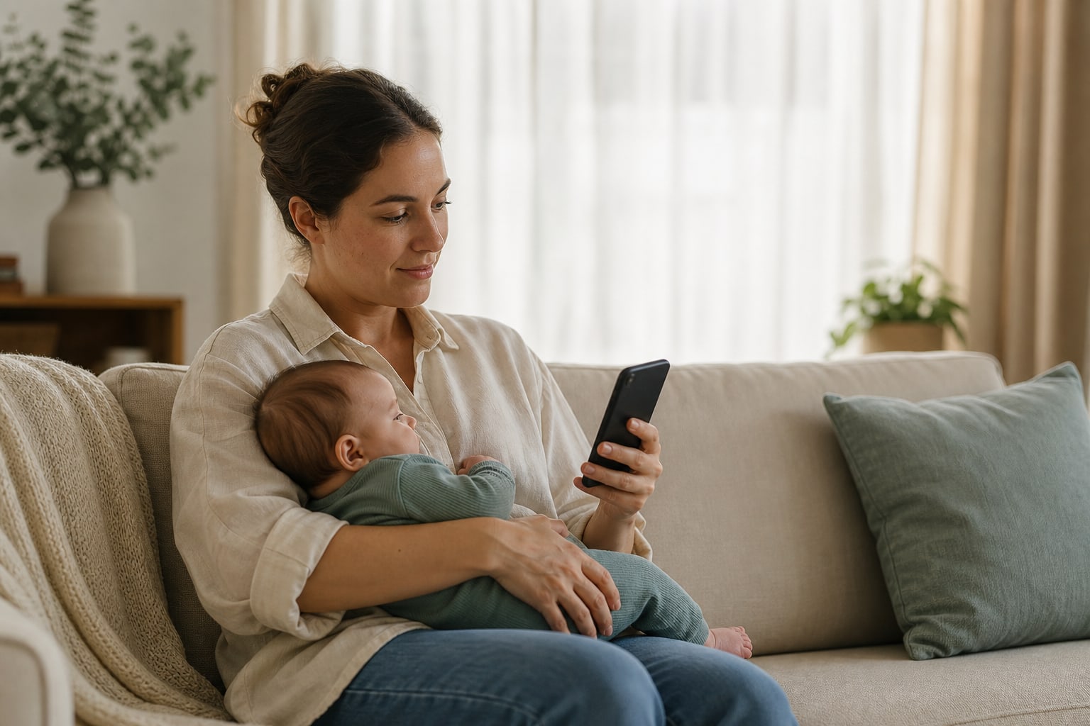 Caregiver safely holding an infant while checking a phone at home.