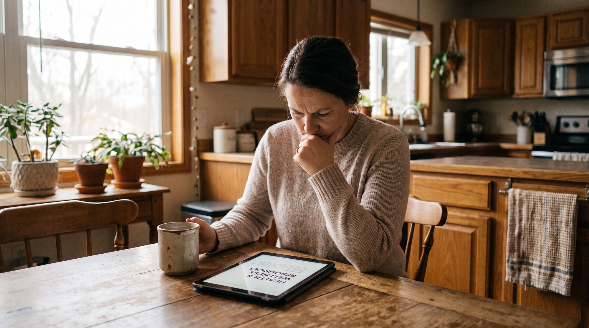 Parent reviewing online child health information on a tablet at home.
